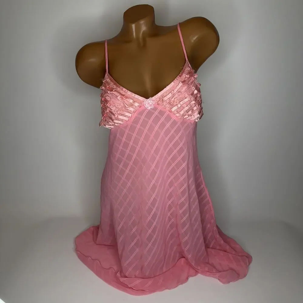 Vintage 80s Lingerie Slip Dress Womens S Pink Sheer Lace Satin Coquette Fairy